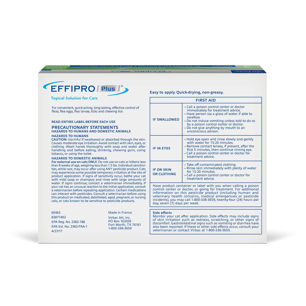 Virbac Effipro Plus solution closeup for cat topical protection.