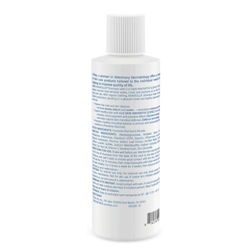 Virbac Keratolux bottle back shows usage directions and antiseborrheic action