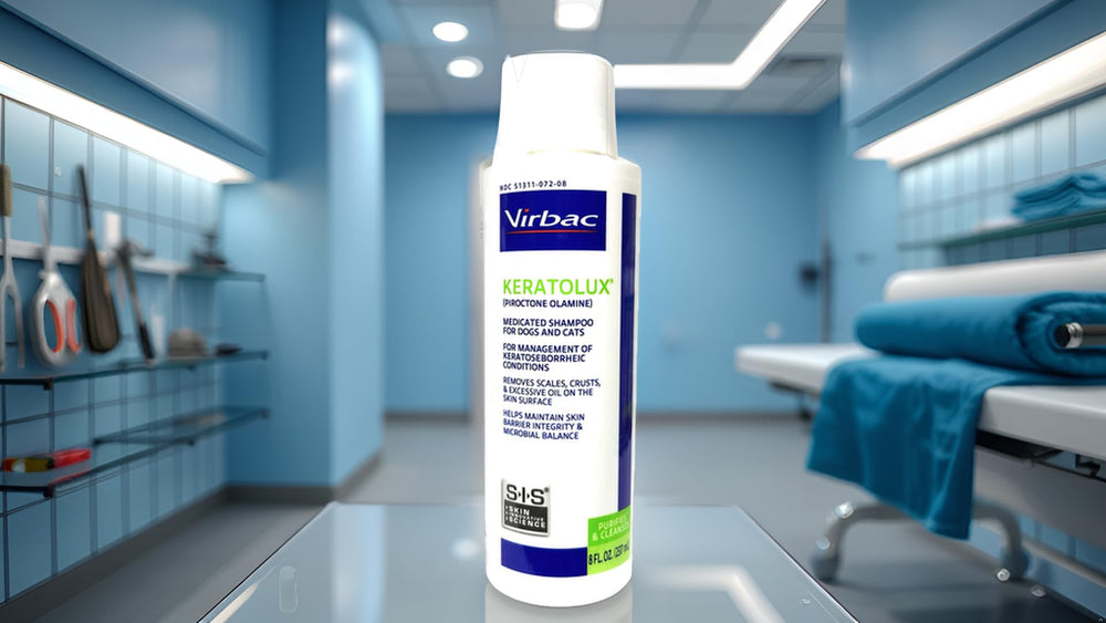 Virbac Keratolux scales removal closeup showing flaky skin management