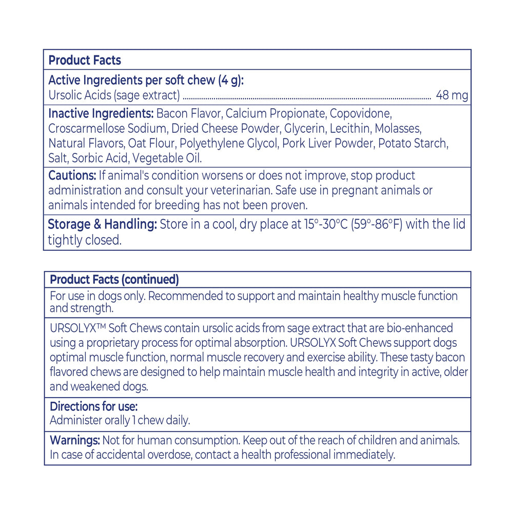 Close-up of URSOLYX Soft Chews label highlighting science-backed formulation.