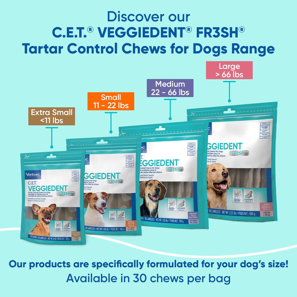 Virbac Veggiedent FR3SH chew presented to a dog for fresh breath support