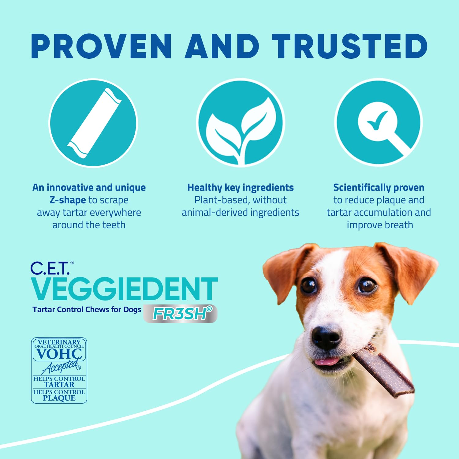 Virbac Veggiedent FR3SH label closeup noting plant-based ingredients and gluten-free formula
