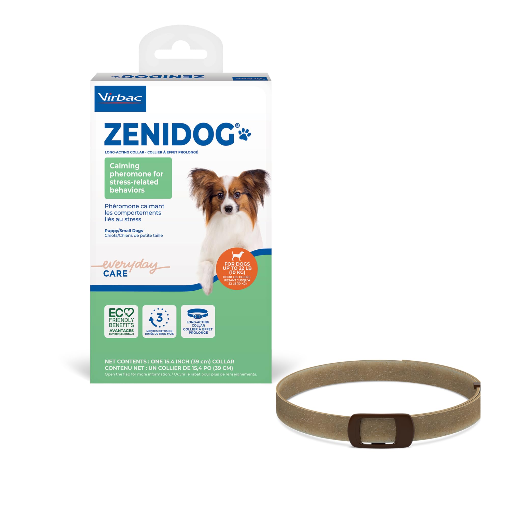 Virbac ZENIDOG collar packaging highlighting long-lasting calming relief for anxious dogs