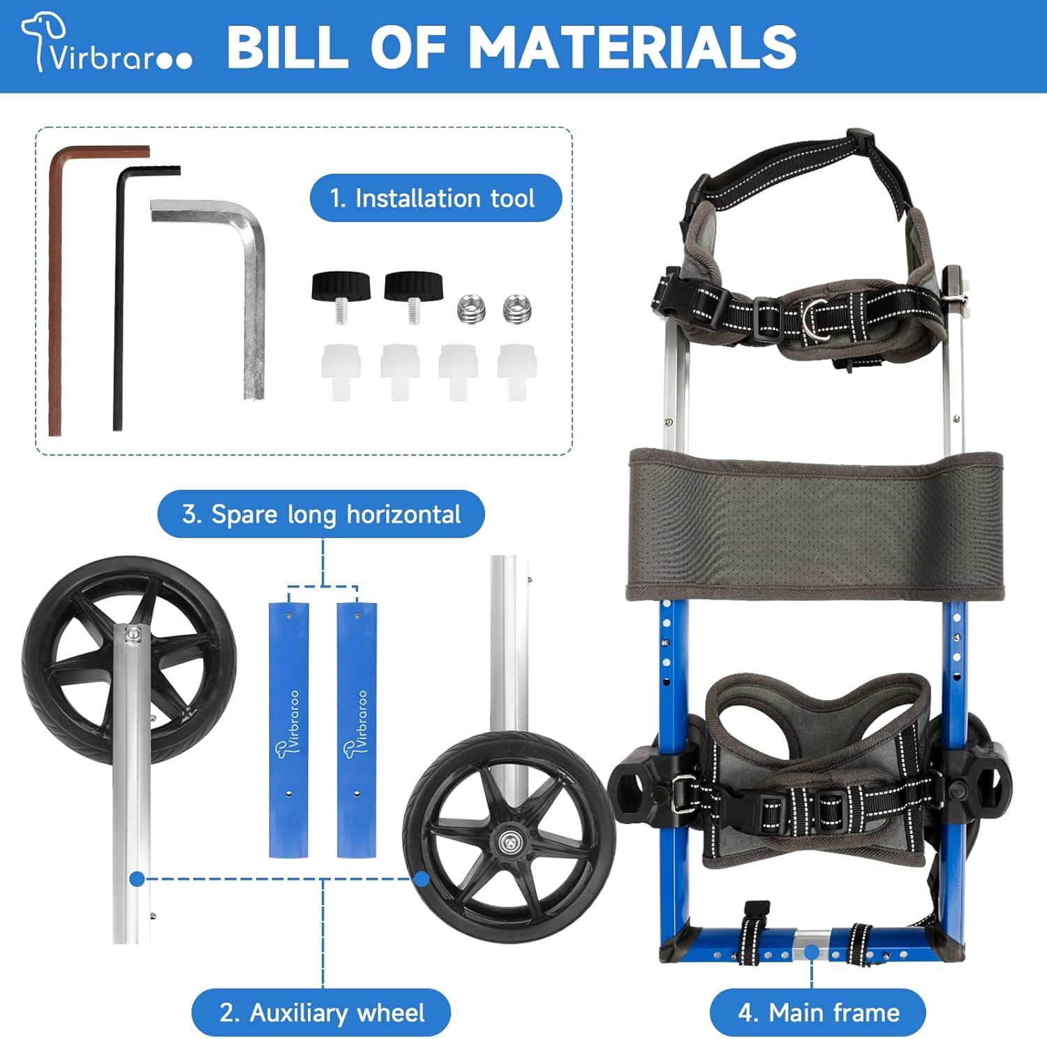 Virbraroo dog wheelchair supports mobility on grass, pavement, and indoor floors.
