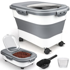 Viretec dog food container collapsible design shows adjustable capacity for packing 6 to 20 pounds