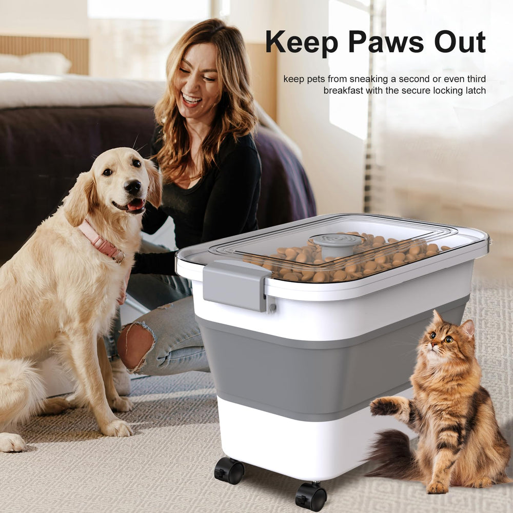 Viretec dog food container demonstrates unfolded and folded dimensions for storage flexibility.