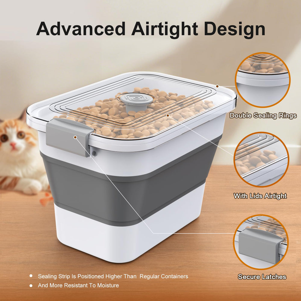 Viretec dog food container operates with one hand for easy everyday use.
