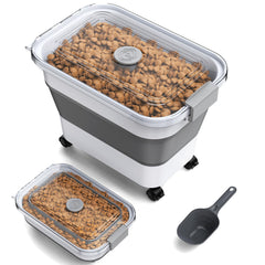 Viretec dog food container with transparent lid shows remaining dry food for easy planning.