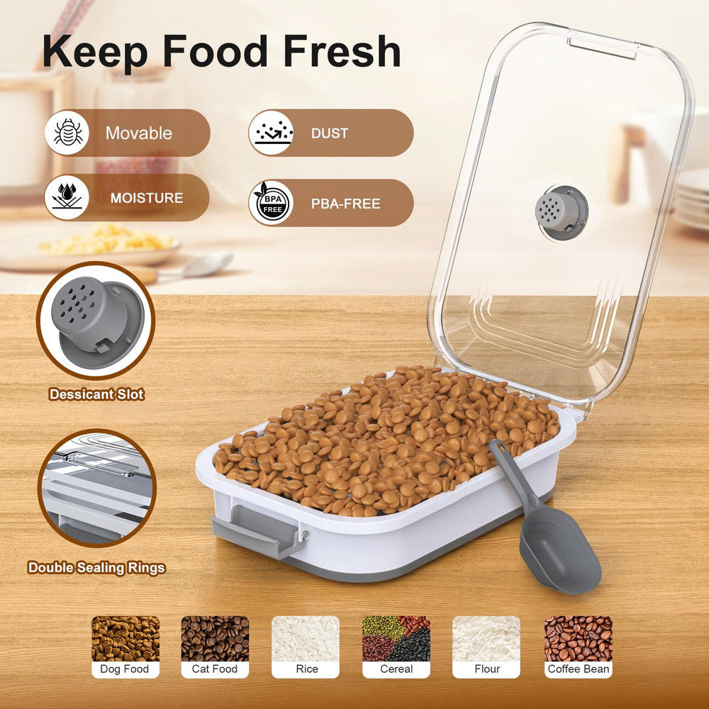 Viretec dog food container improves travel and pantry organization for pet meals.