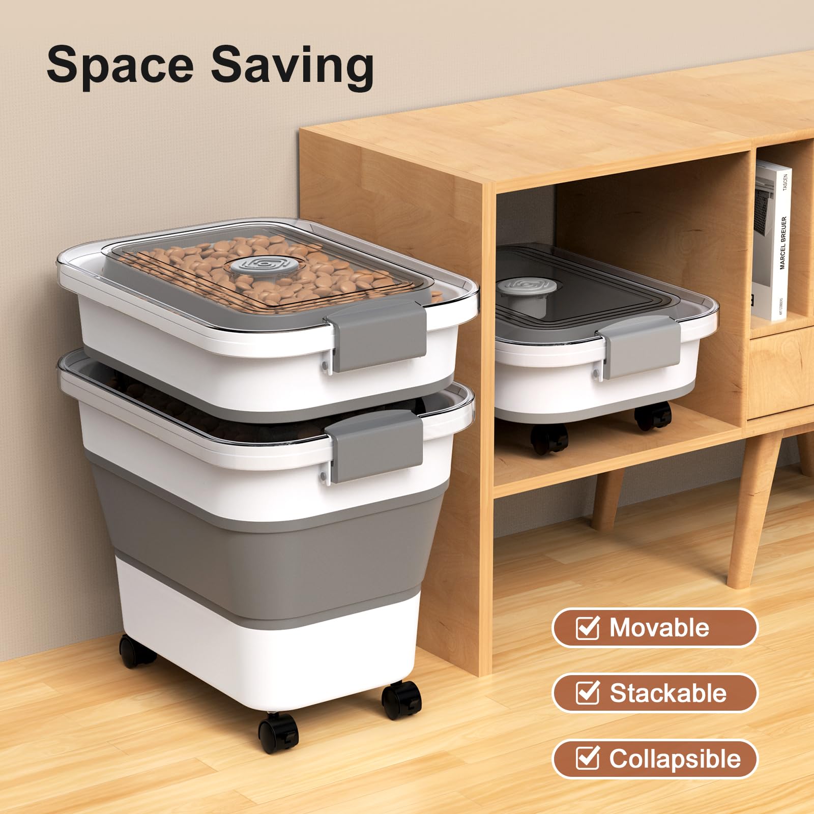 Viretec dog food container wheels enable effortless movement when full.