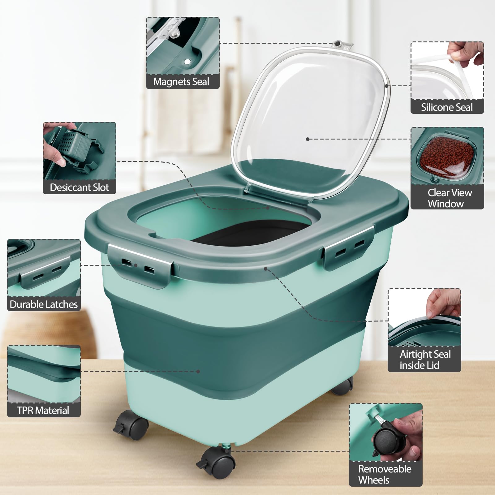 Viretec BPA-free materials used in dog food storage container for safe storage.