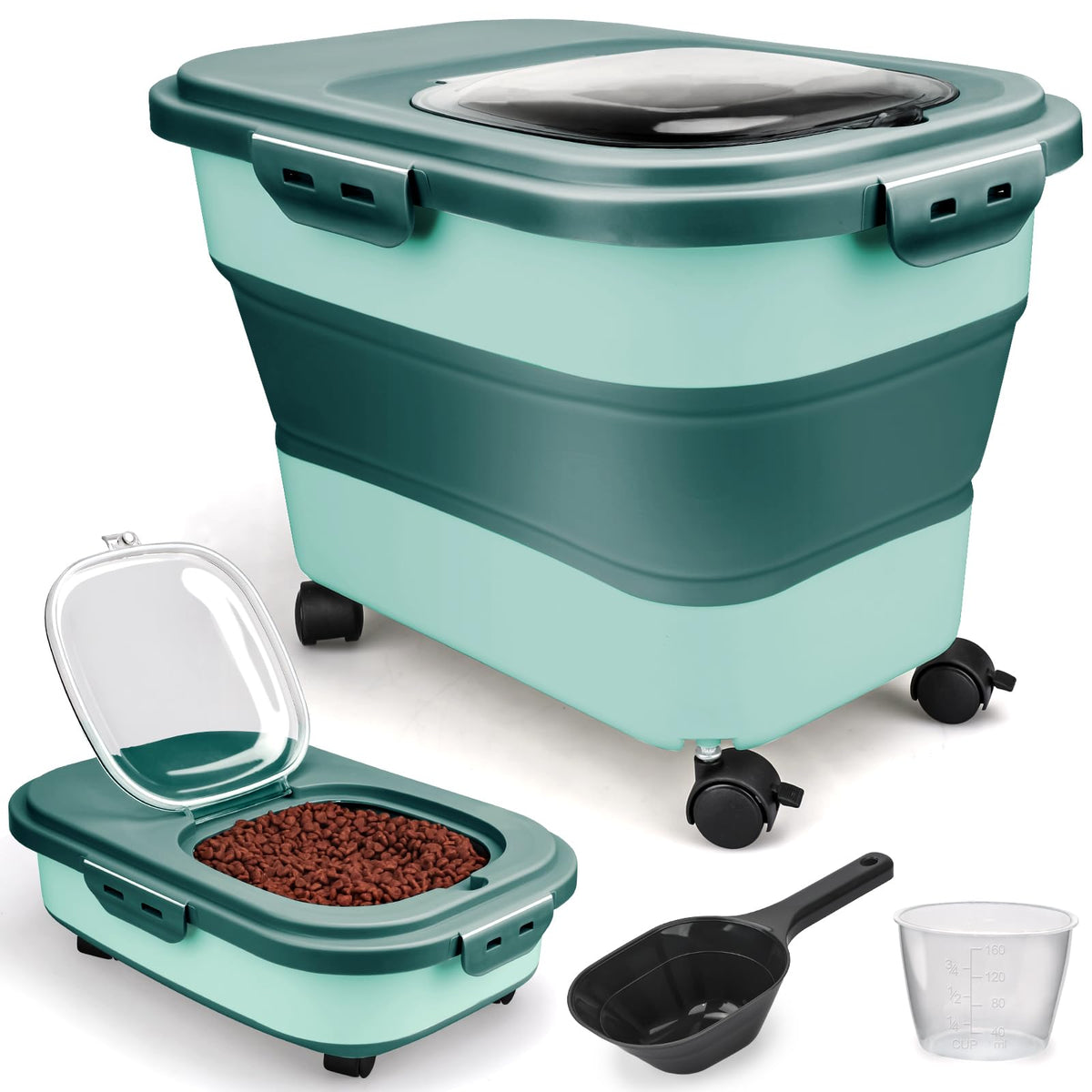 Viretec dog food storage container collapsible design demonstrates space saving.