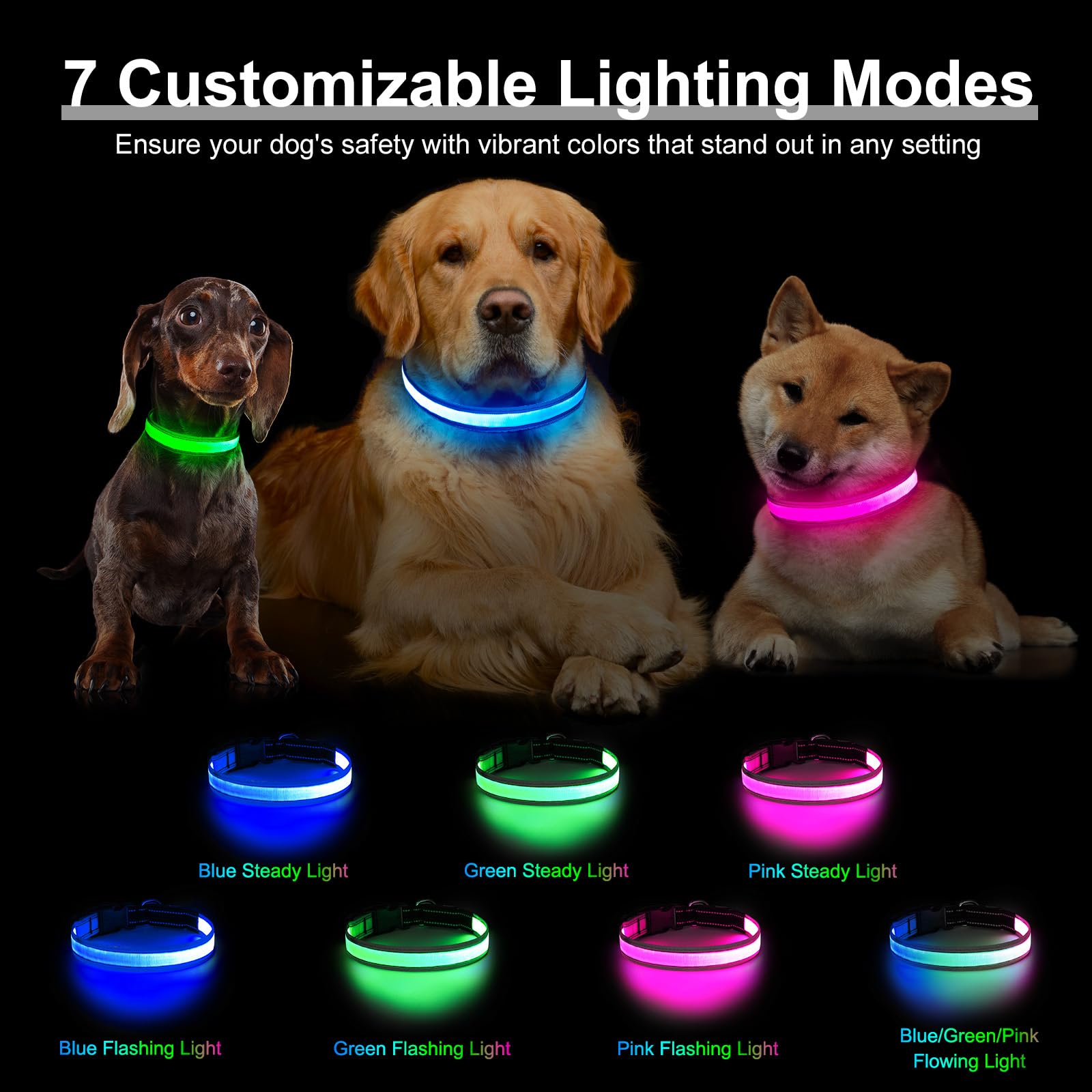 Visinite LED dog collar 7-modes display highlights customizable night-time styling options.