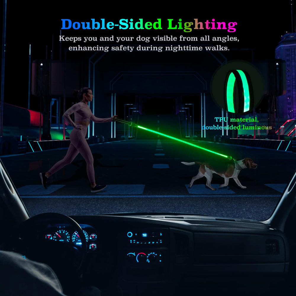 Visinite LED dog leash glows in the dark with reflective strips for visibility