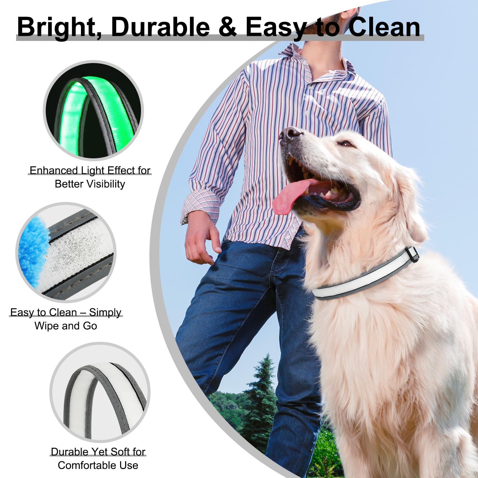 Visinite light-up dog collar adjustable strap fits dogs of multiple sizes.