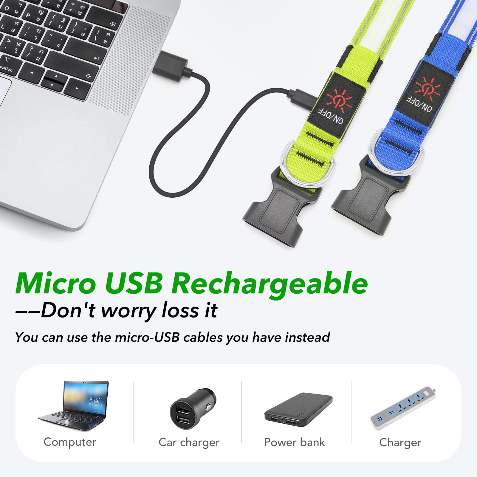 Visinite light up dog collar sizes demonstrate adjustable fit for all dogs.