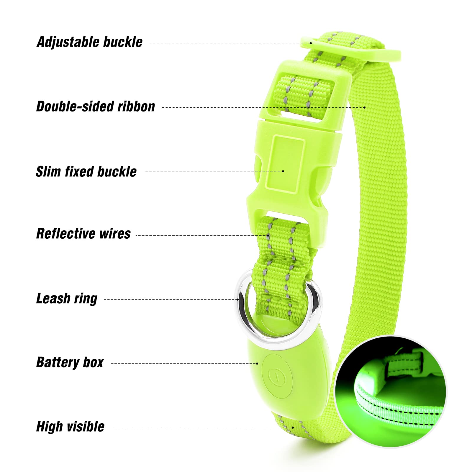 Visinite night-walk visibility collar with reflective stitching and bright glow