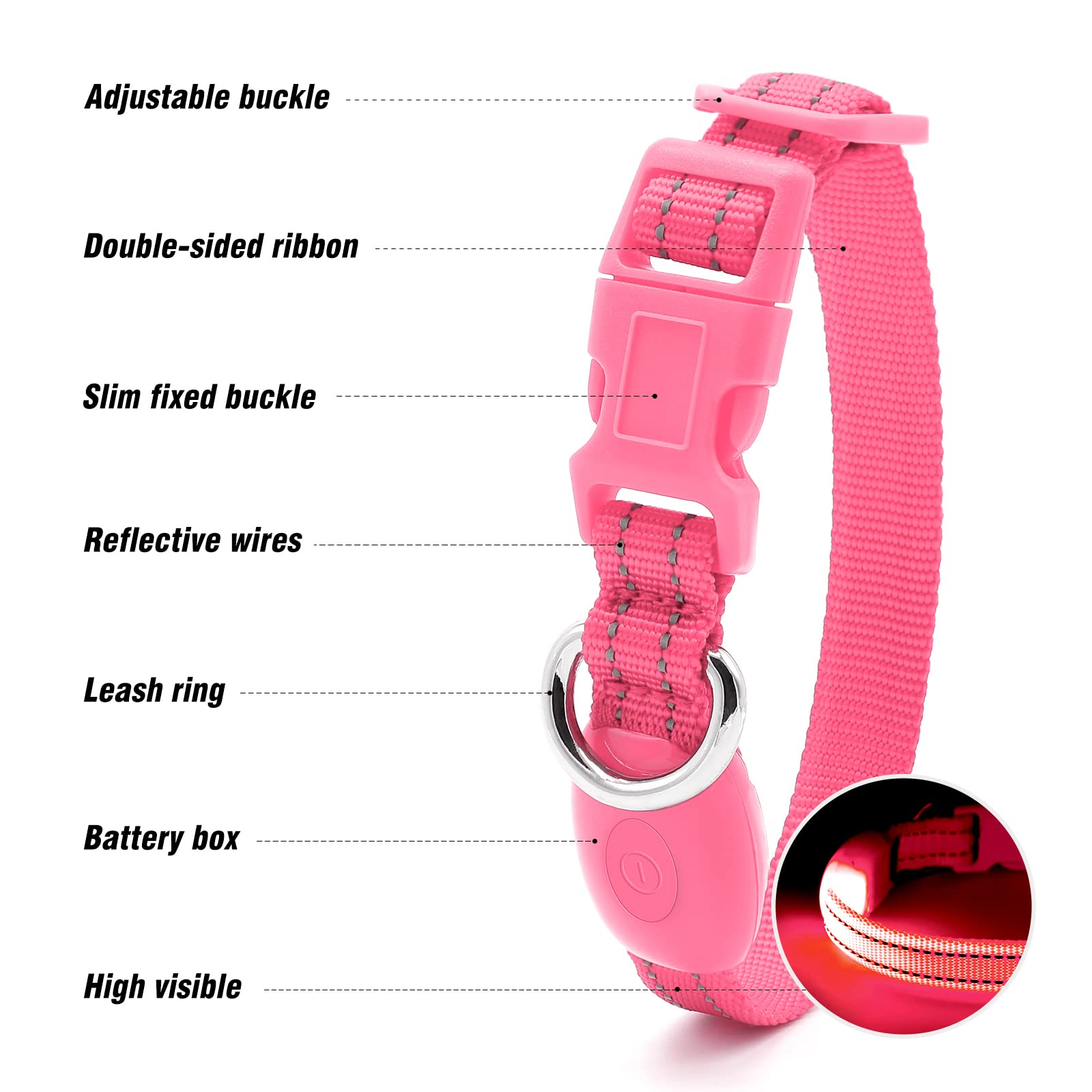 Visinite pink reflective stitching close-up emphasizes safety during dusk walks.