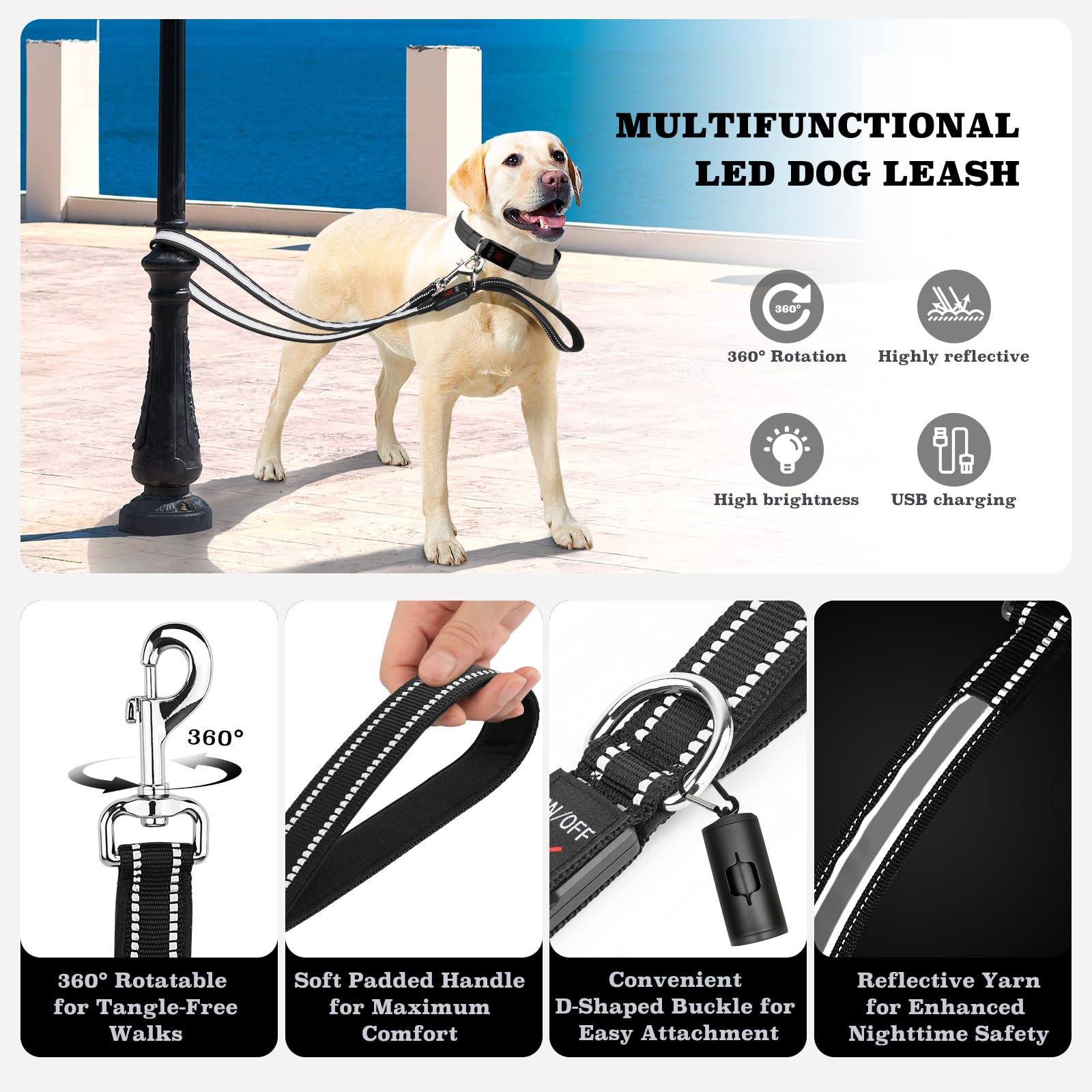 Visinite USB-rechargeable dog leash for extended evening walks