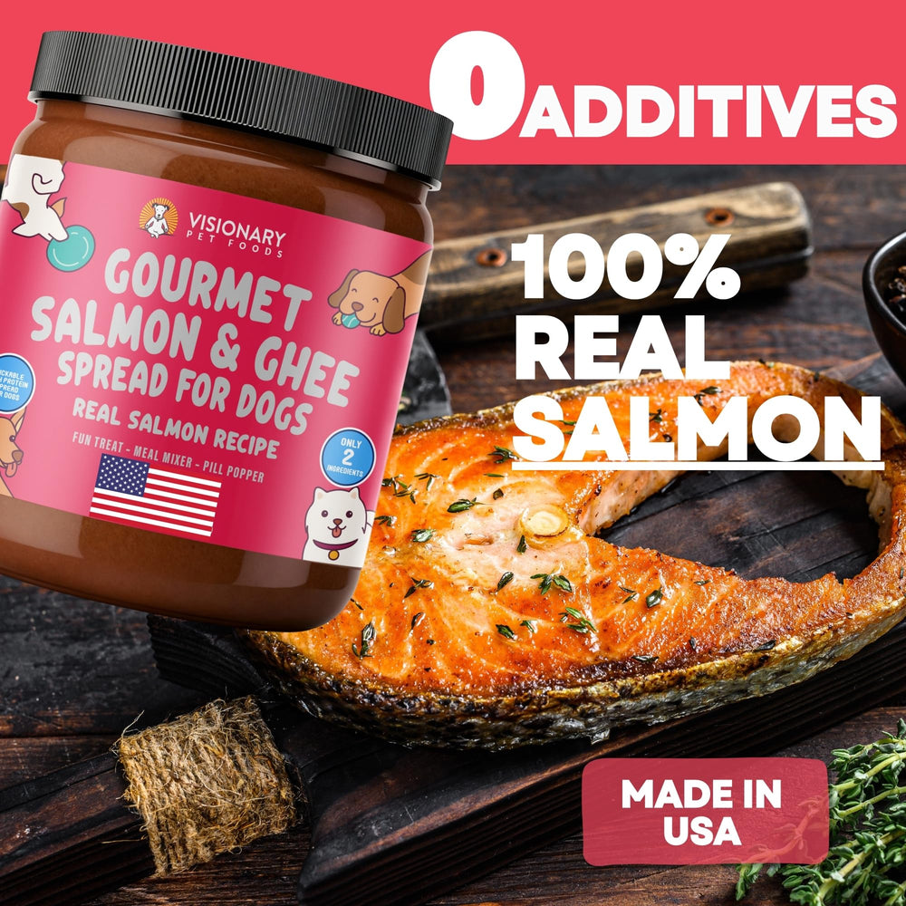 Visionary Pet Foods coat-health-support image suggests shinier coat from salmon and ghee