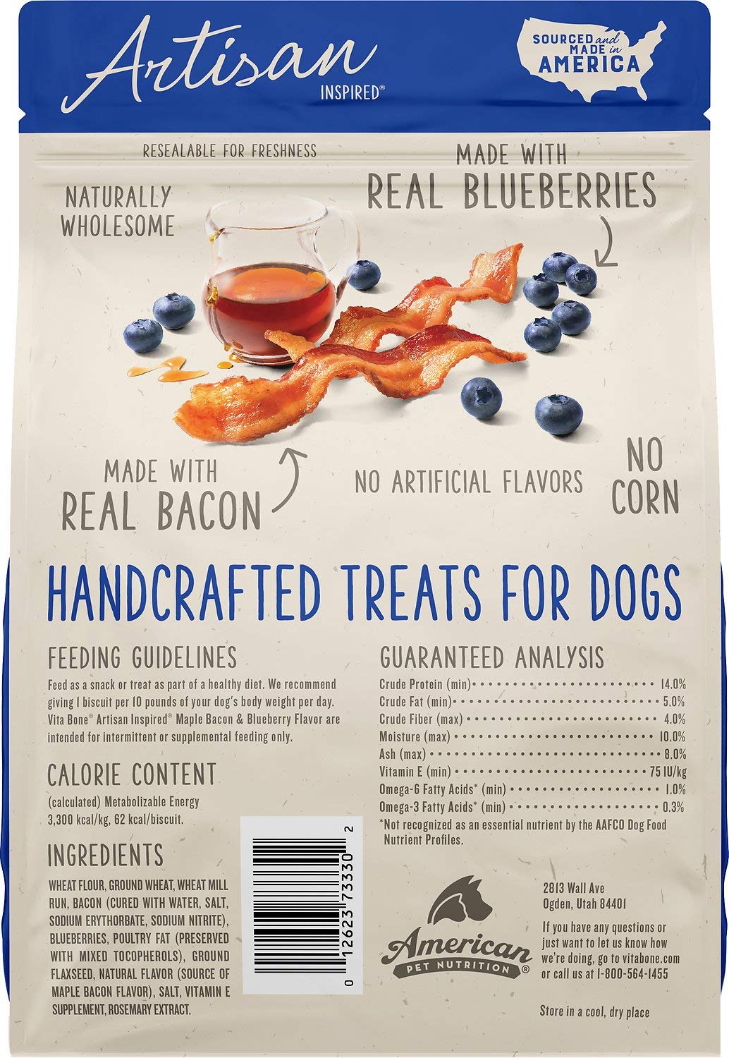 Vita Bone Artisan dog biscuits ingredients image highlights real ingredients for healthy snacking.