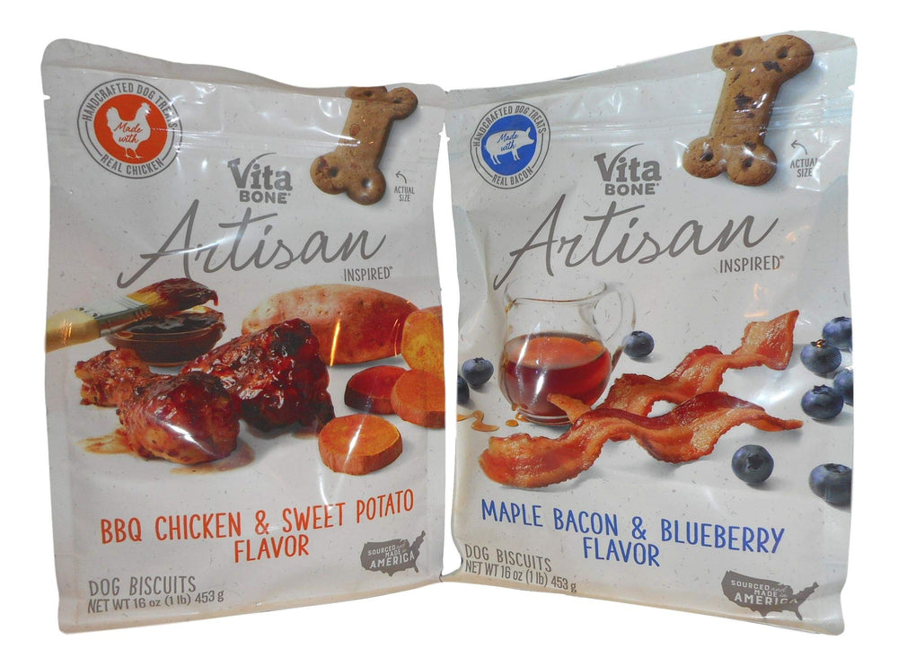 Vita Bone Artisan dog biscuits pack closeup highlighting crunchy texture for rewarding playtime.