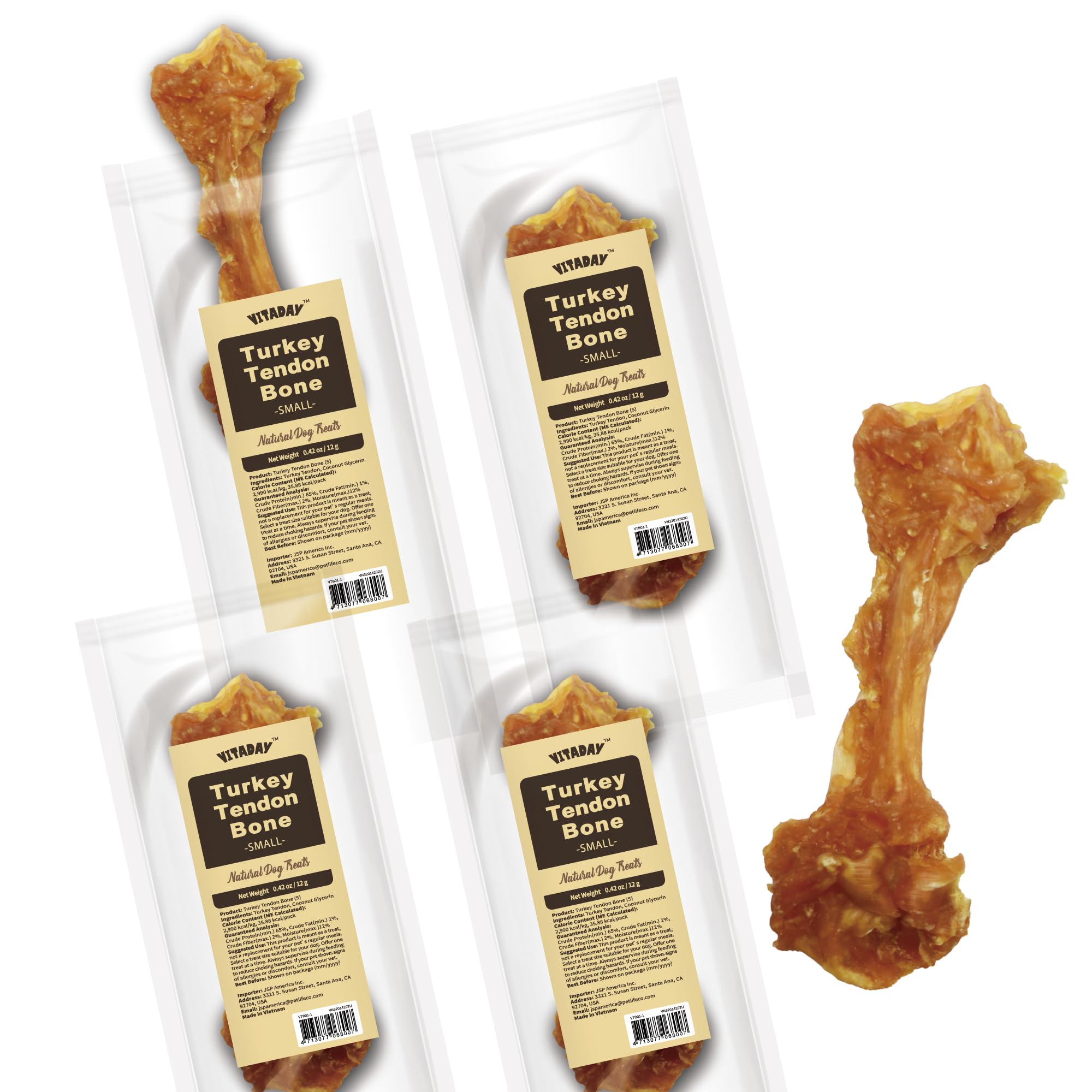 VITADAY turkey tendons for dogs packaging highlighting 4-count pack and USA-sourced ingredients.