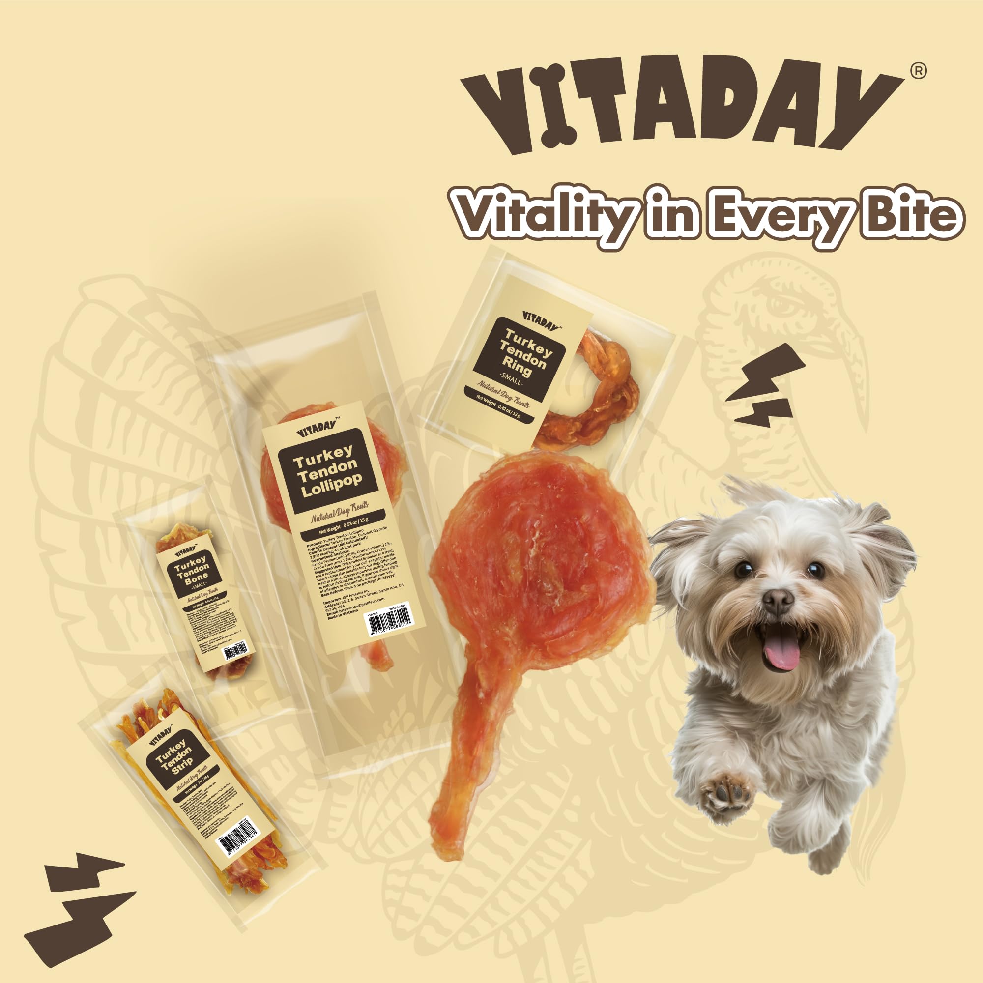 VITADAY turkey tendons grain-free label communicates hypoallergenic suitability for sensitive dogs.