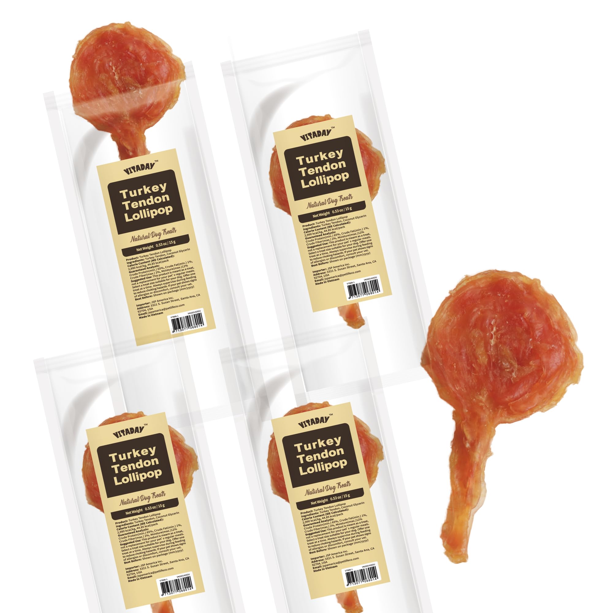 VITADAY turkey tendons packaging highlights USA-sourced ingredients for a wholesome chew.