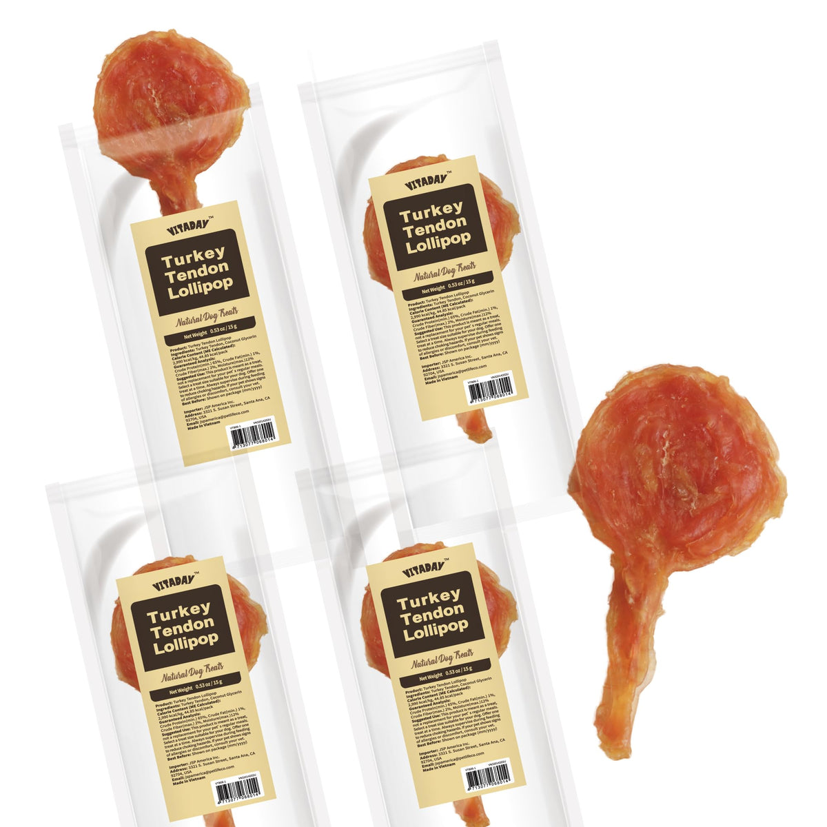 VITADAY turkey tendons packaging highlights USA-sourced ingredients for a wholesome chew.
