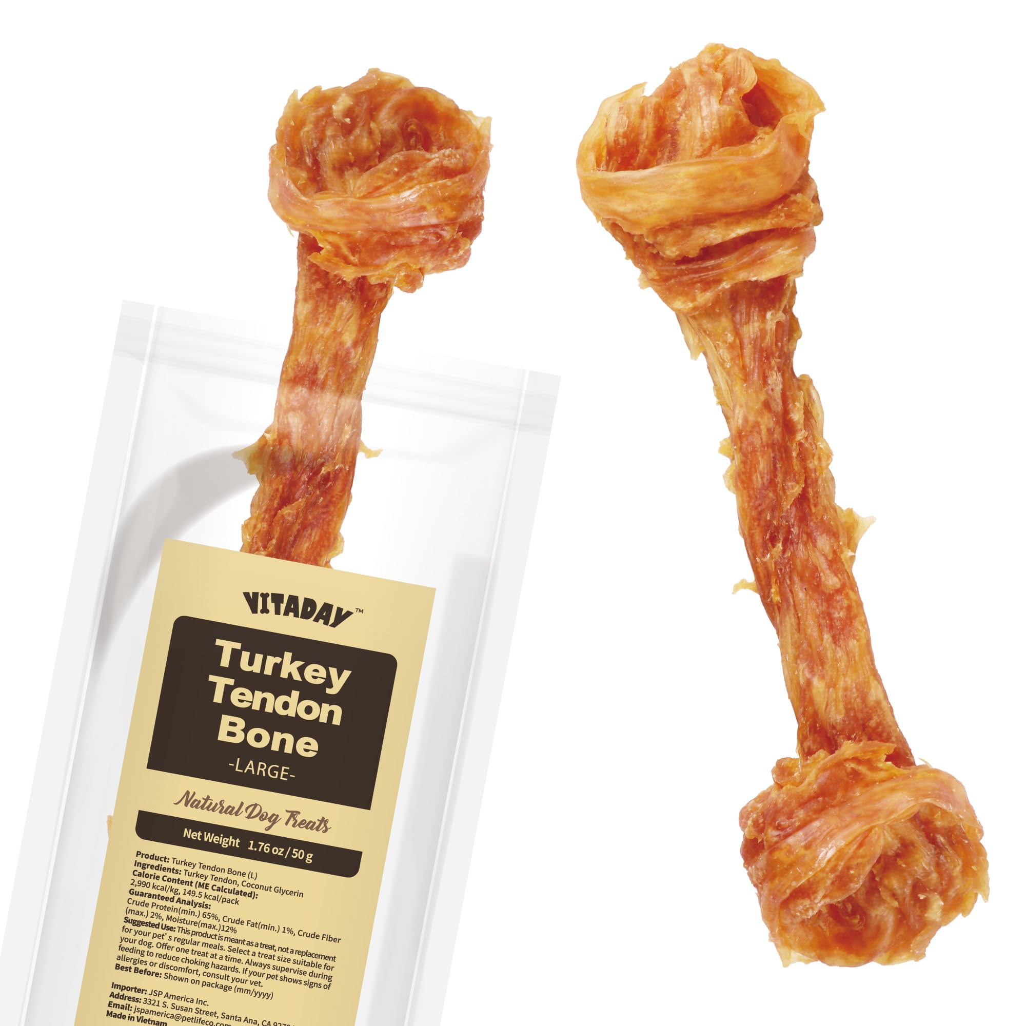 VITADAY Turkey Tendons packaging highlights all-natural USA-sourced quality for safe chewing