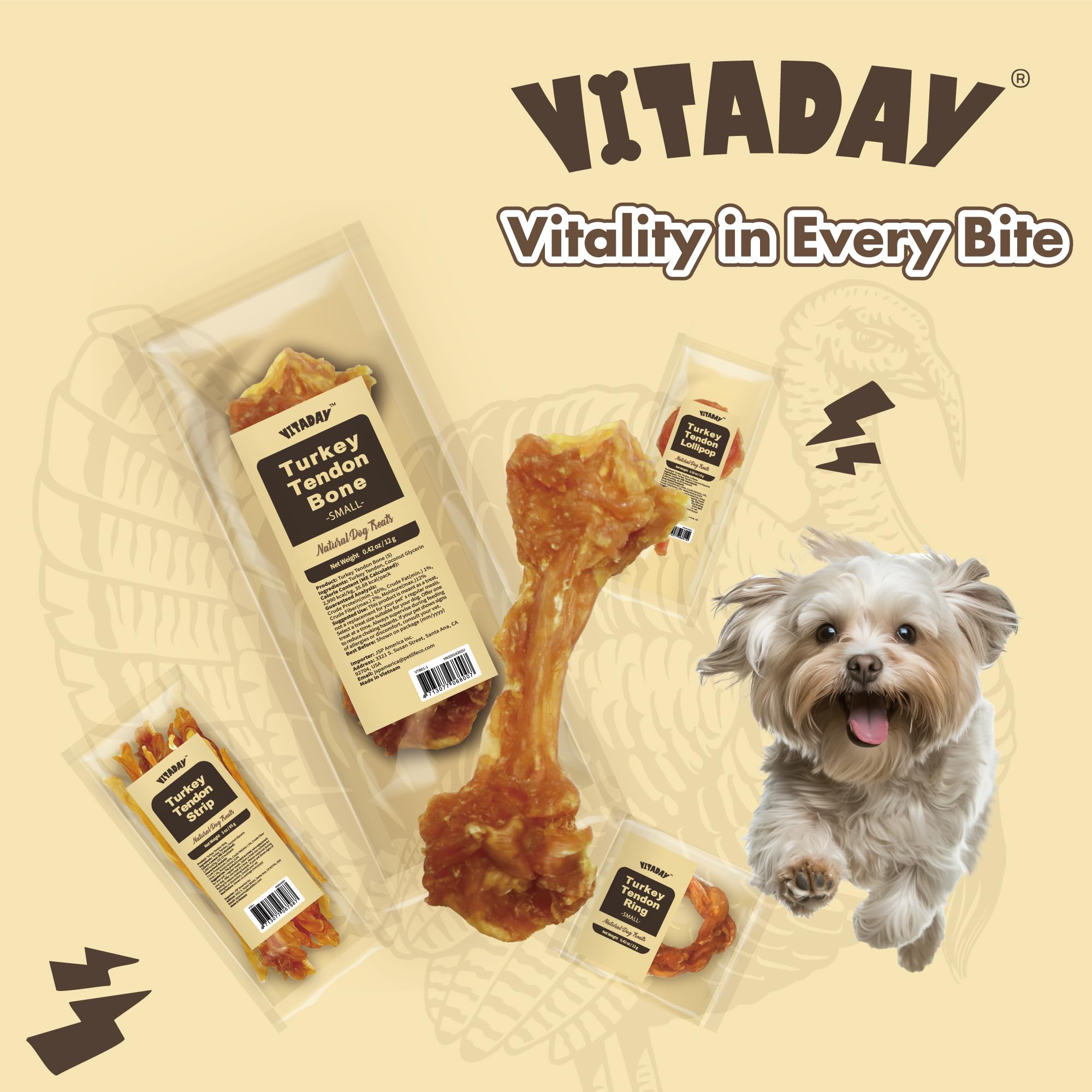 VITADAY turkey tendons for dogs USA-sourced origins and natural ingredients.