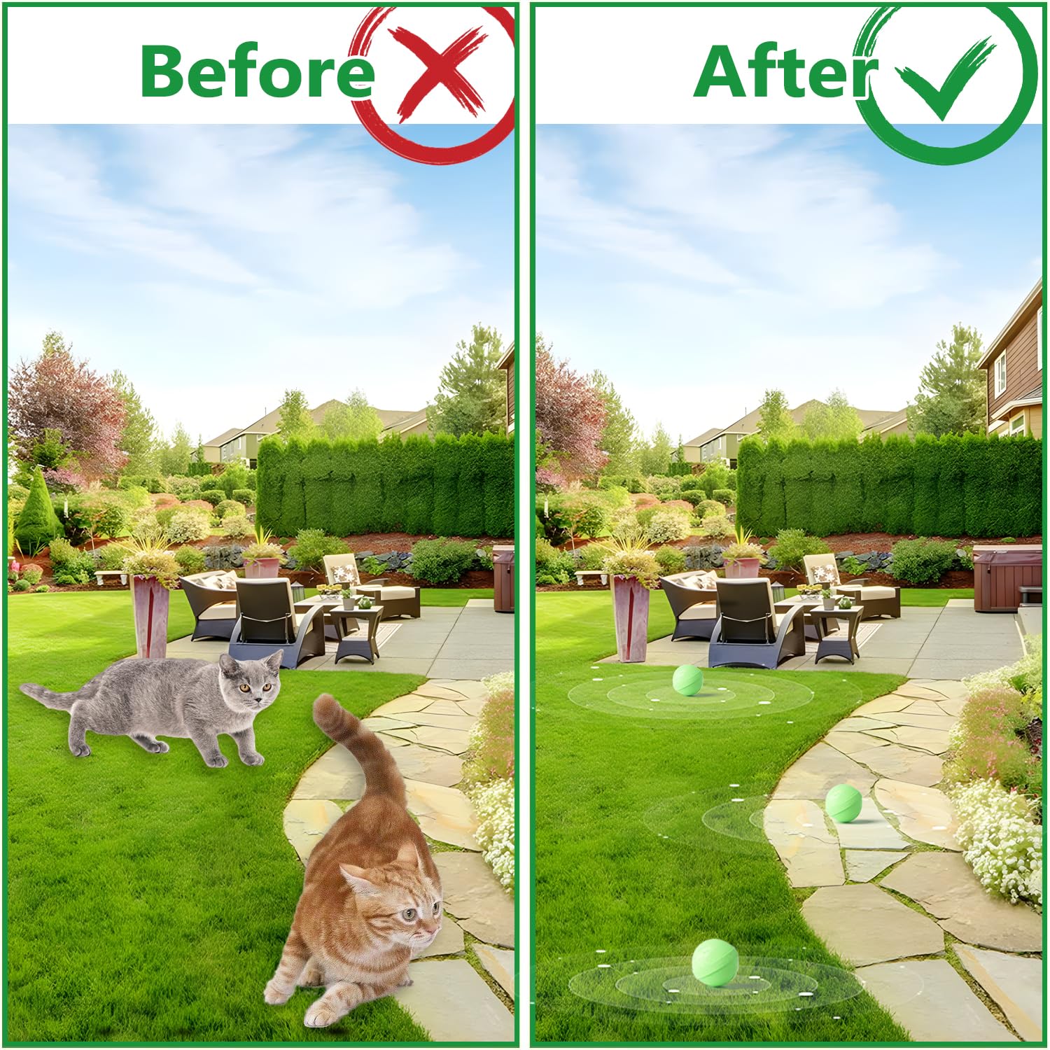 VITAFOR cat deterrent ball setup being placed in a yard