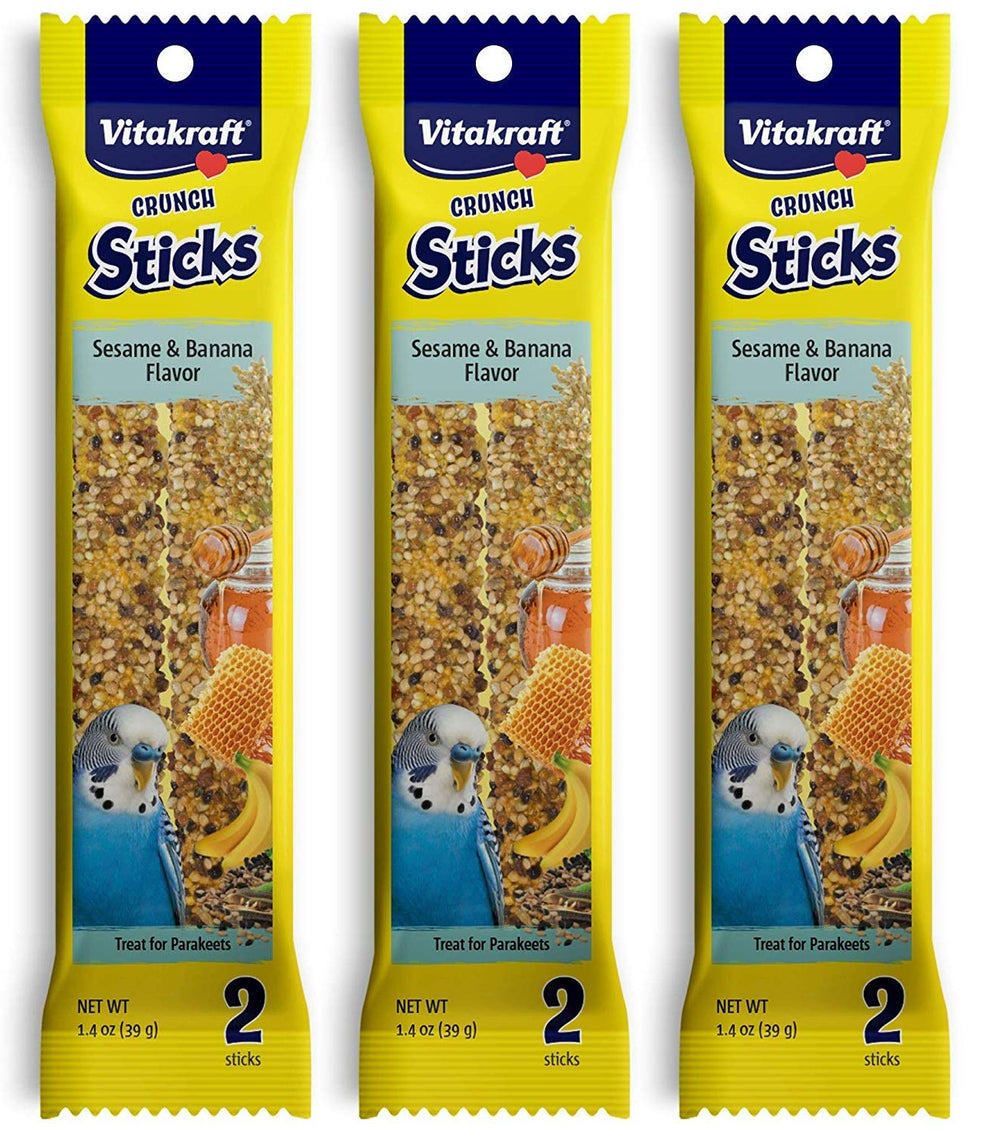 Vitakraft Banana Sticks Parakeet Treat front pack—natural chewing supports beak health and enrichment.