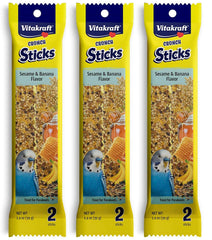 Vitakraft Banana Sticks Parakeet Treat front pack—natural chewing supports beak health and enrichment.