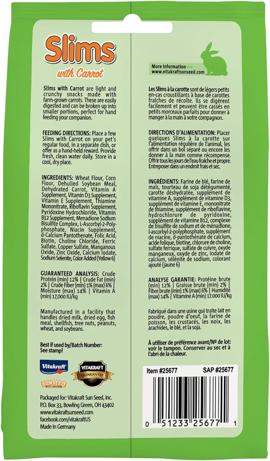 Vitakraft Carrot Slims Rabbit bite-size sticks close-up with crunchy puffed texture.