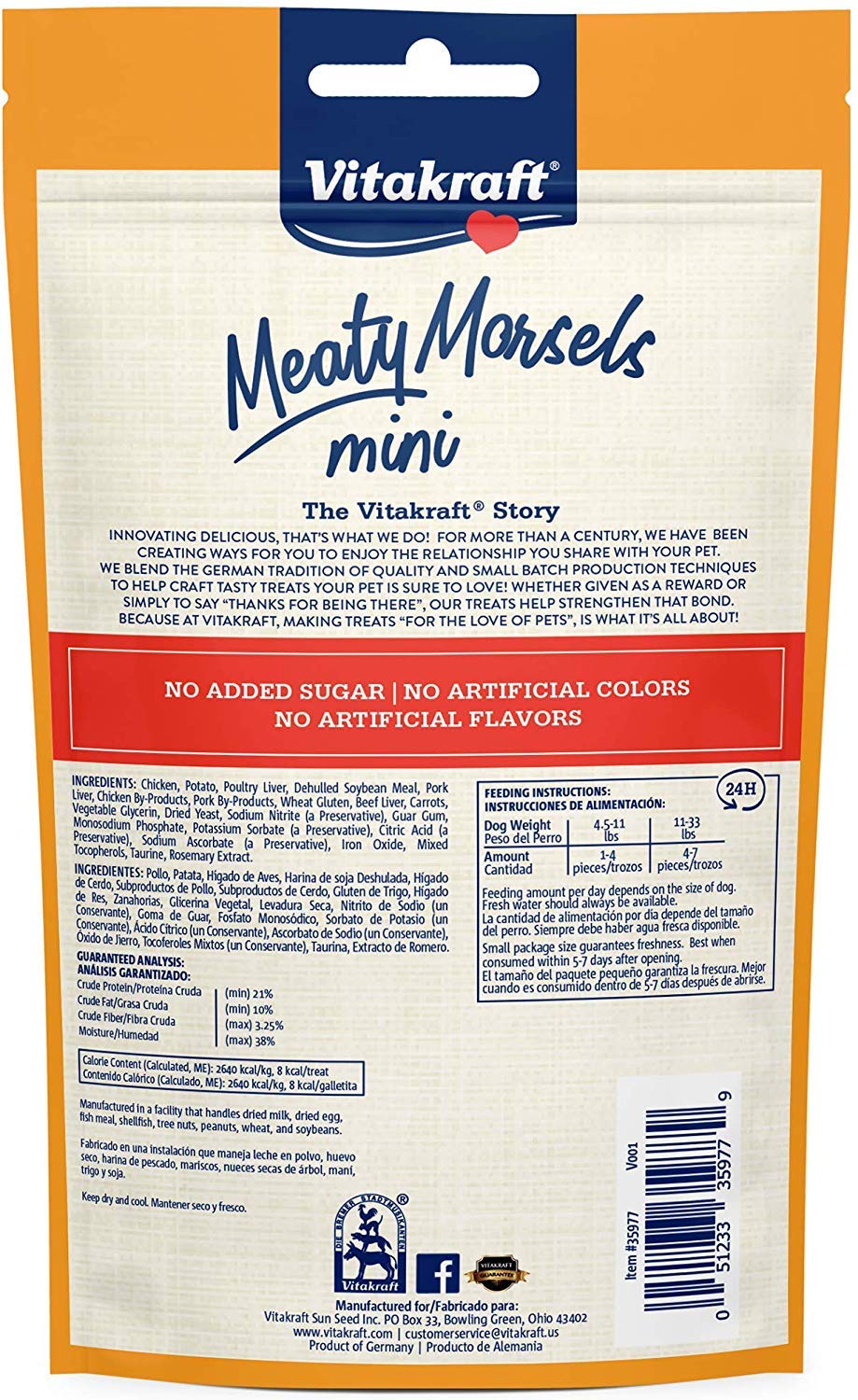 Vitakraft Chicken Mini Meaty Morsels close-up shows real chicken and carrots for enticing flavor