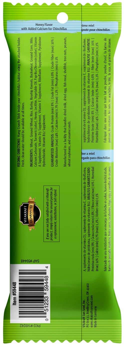 Vitakraft chinchilla treats two sticks close-up — honey flavor boosts palatability.