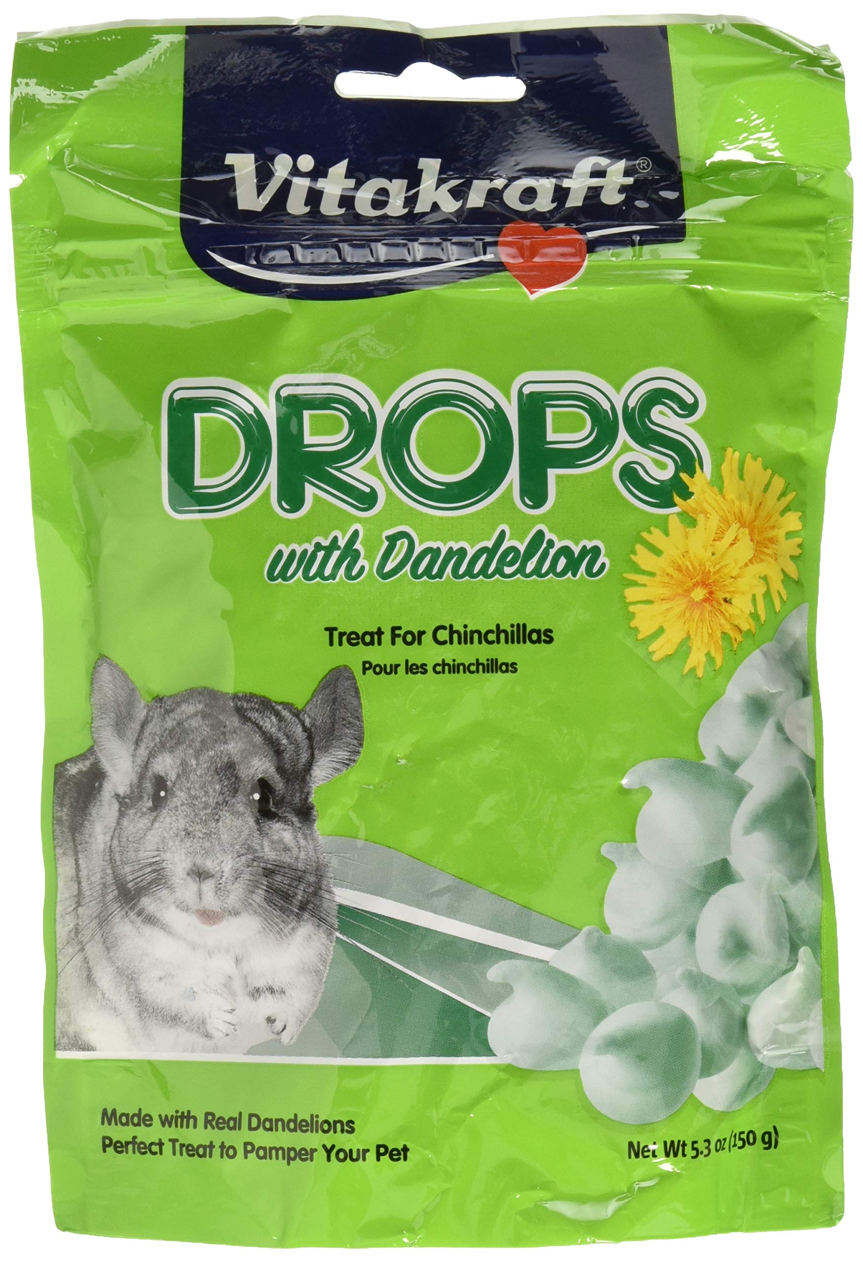 Vitakraft Dandelion Drops 2-pack box for chinchillas, convenient for steady treats