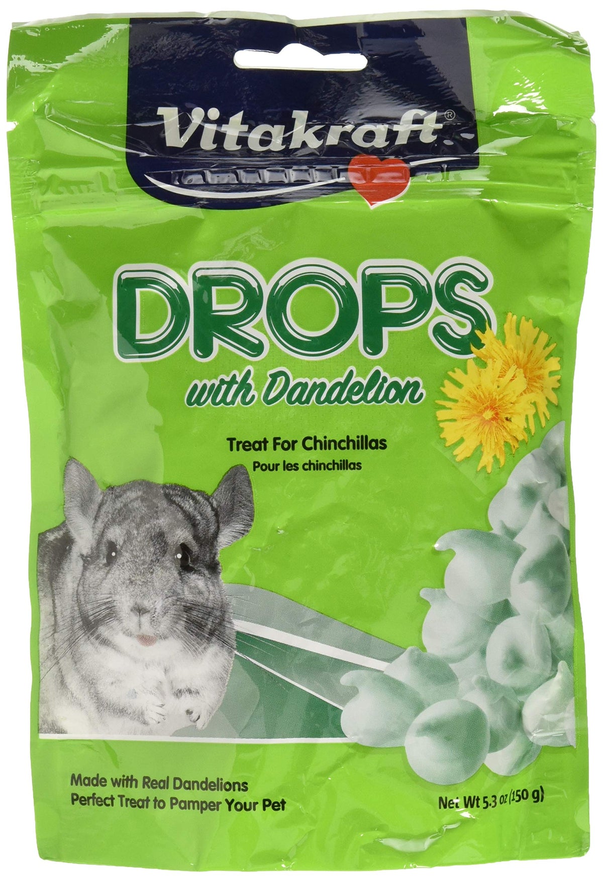 Vitakraft Dandelion Drops 2-pack box for chinchillas, convenient for steady treats