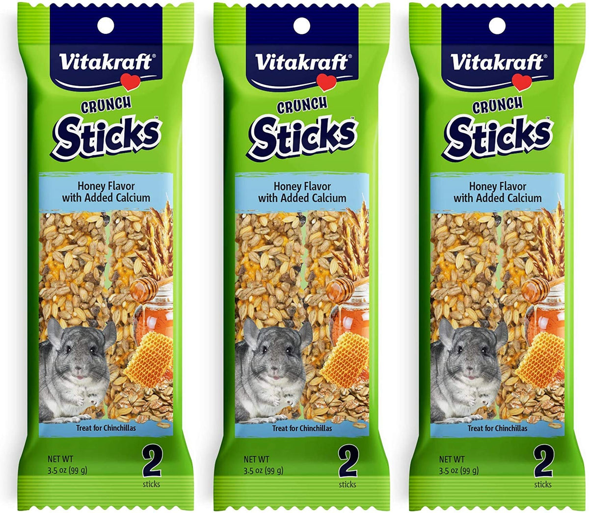 Vitakraft honey-flavor calcium crunch sticks package — mineral-rich snack option.
