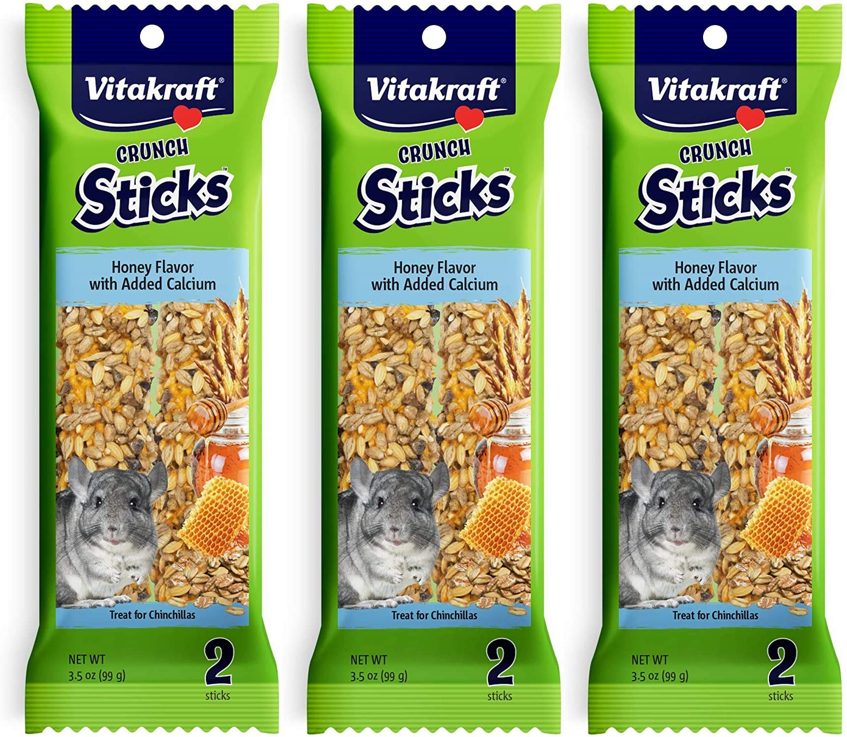 Vitakraft honey-flavored crunch sticks pack for chinchilla treat time and enrichment.