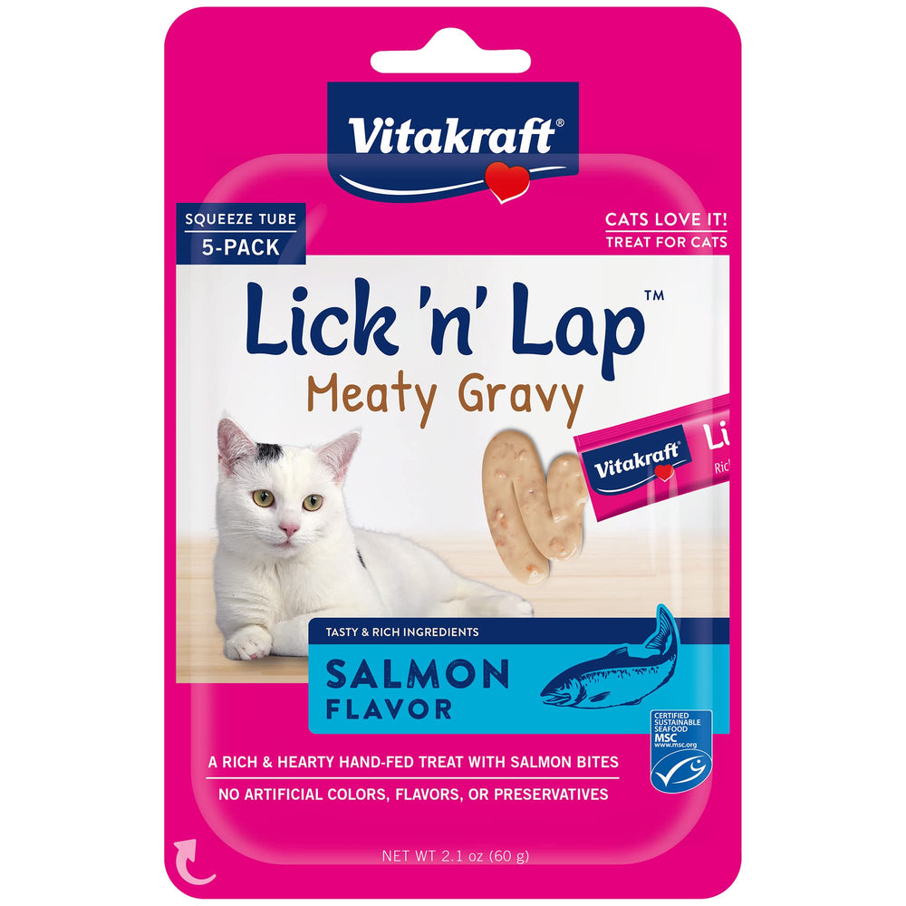 Vitakraft Lick 'n' Lap salmon tube close-up for bonding and low-calorie treat.