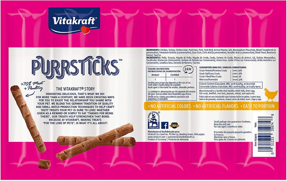 Vitakraft PurrSticks chicken treat stick emphasizes lean 70% meat for portion-controlled rewards.