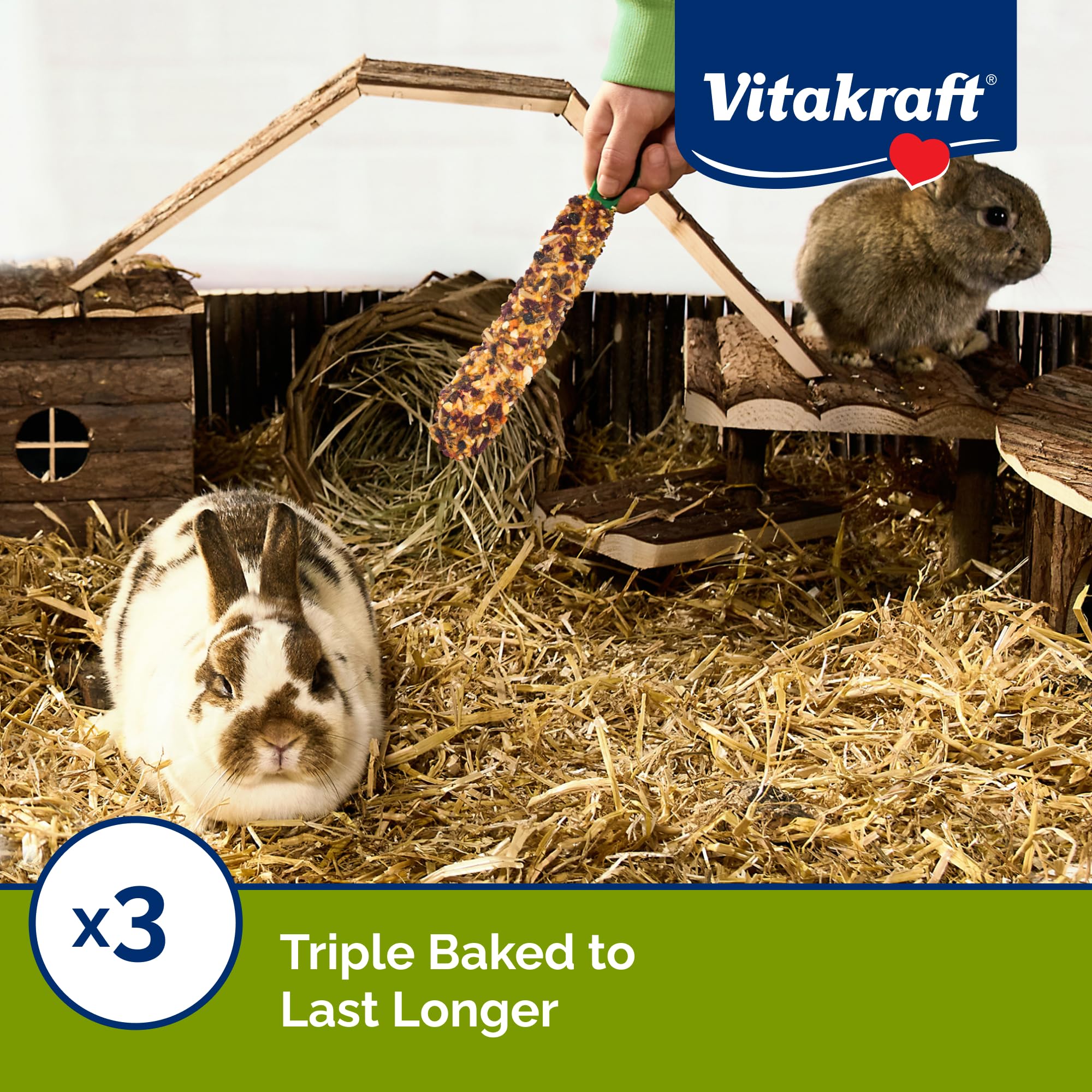 Vitakraft Rabbit Treat Stick vitamin-fortified blend with seeds and minerals for balanced snacking.