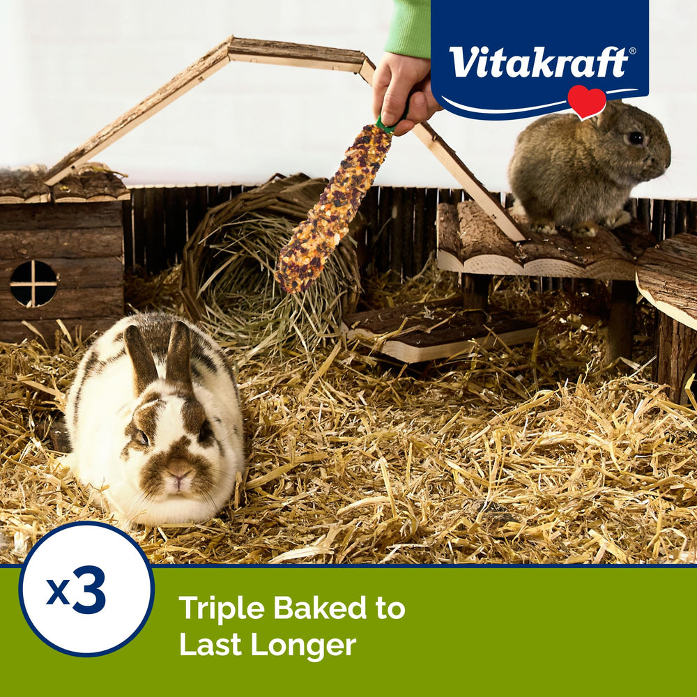 Vitakraft Rabbit Treat Stick vitamin-fortified blend with seeds and minerals for balanced snacking.
