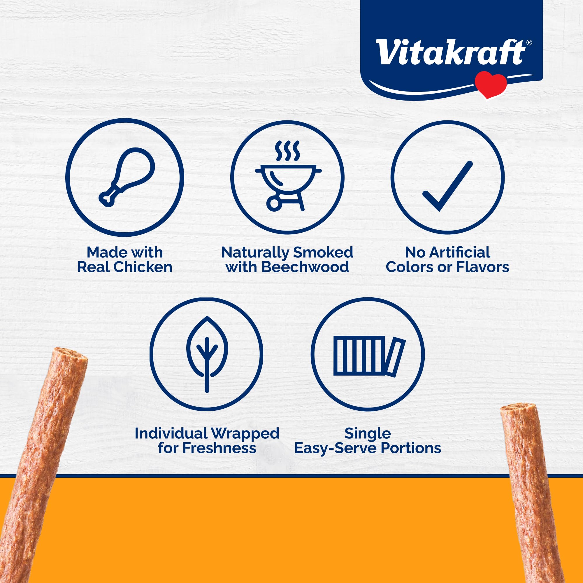 Vitakraft Treaties close-up shows 90% chicken meat content for flavorful chews.