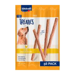 Vitakraft Treaties dog chew sticks front-pack highlighting high-meat content for longer-lasting treats.