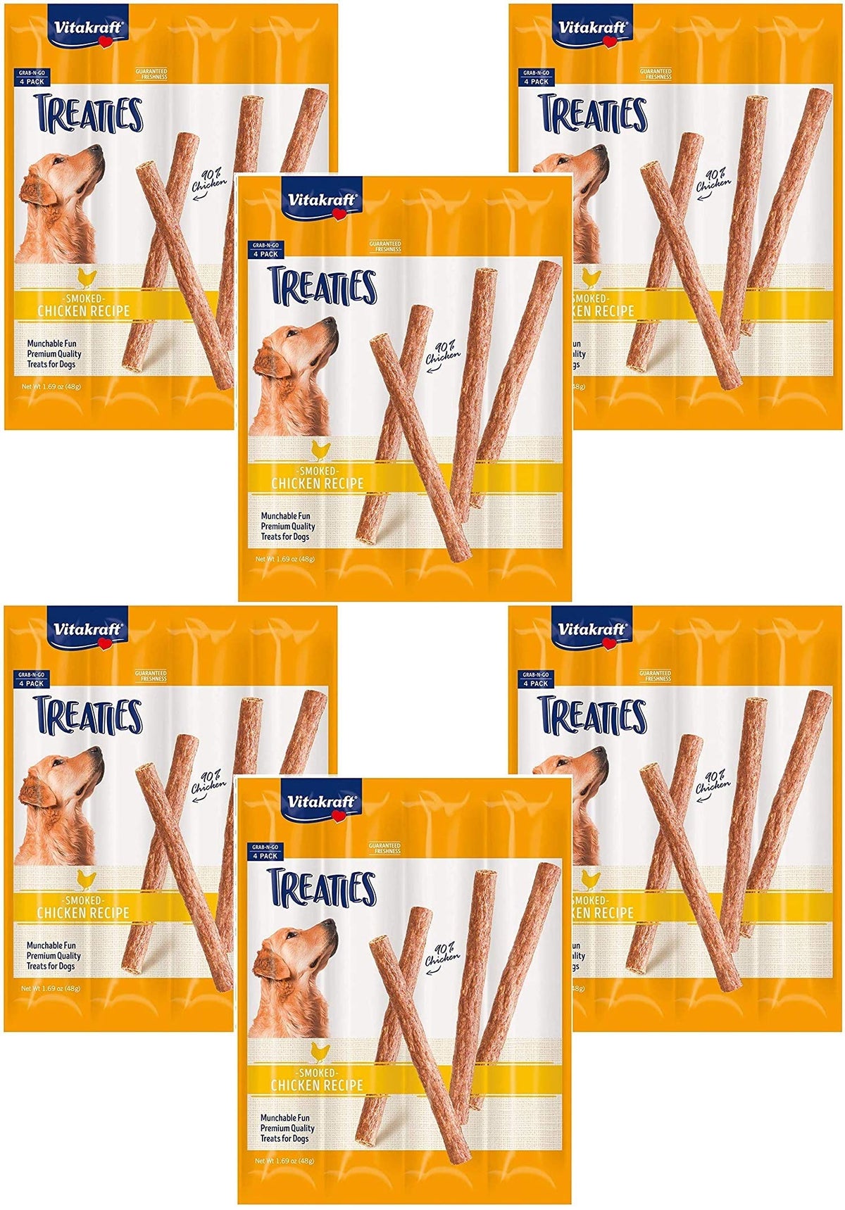 Vitakraft Treaties empaque: snack crujiente de pollo para perros activos.
