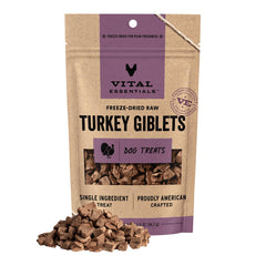 Vital Essentials turkey giblets treats bag highlights high-protein, freeze-dried nutrition for dogs.